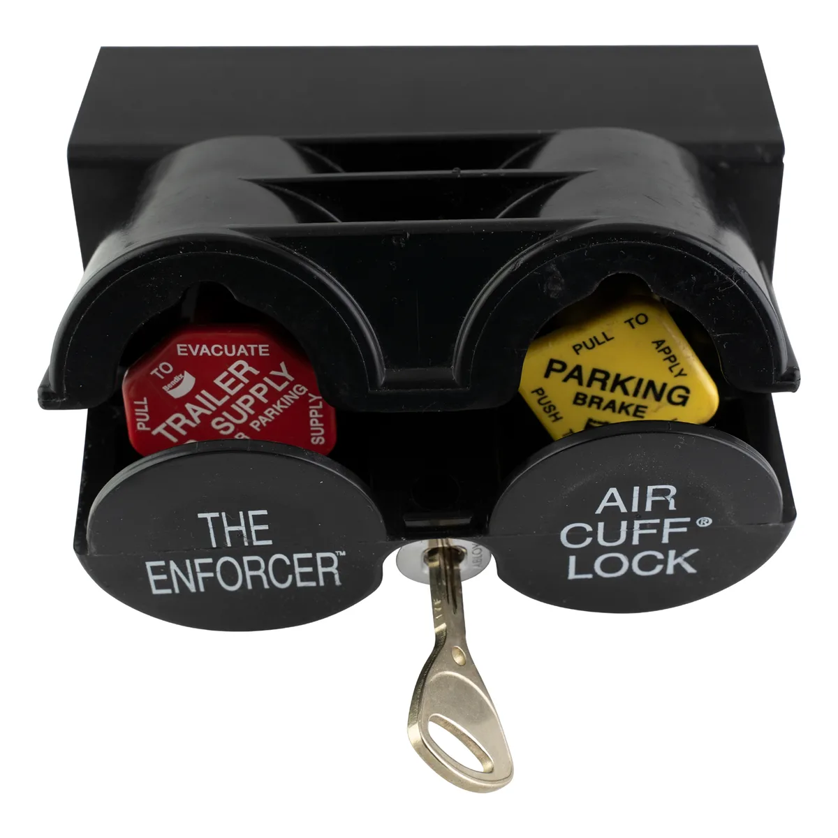 An ENFORCER Air Cuff Lock on white, key in the lock.