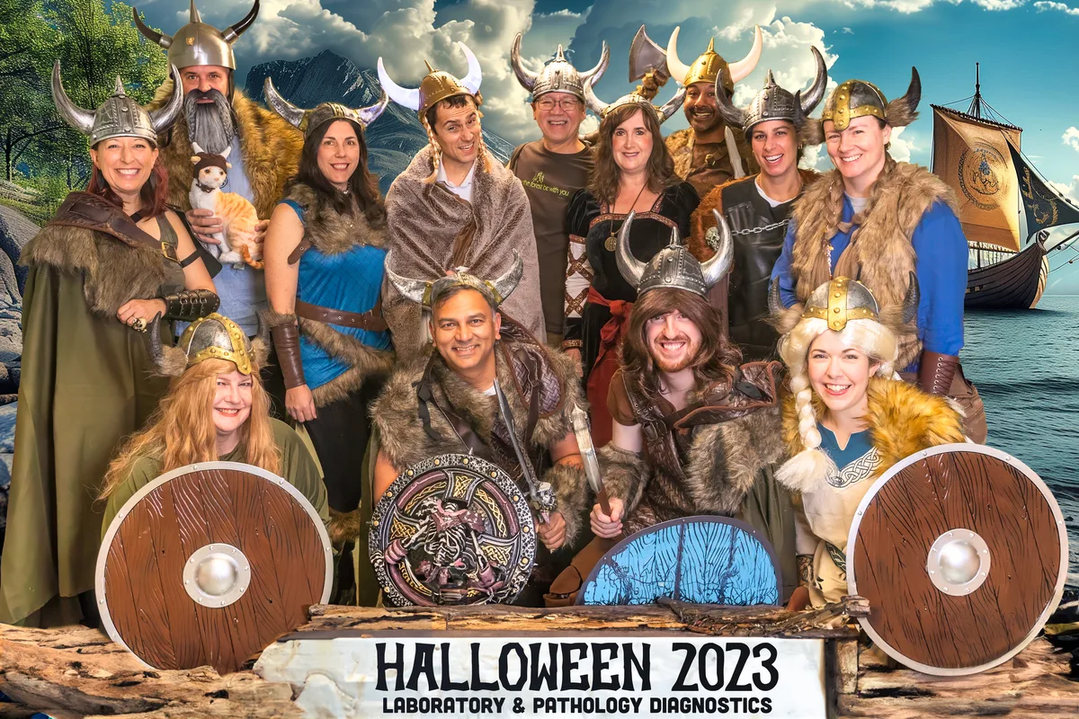 The physicians in Viking costumes with shields, composited on a rocky shore with a longship behind them.