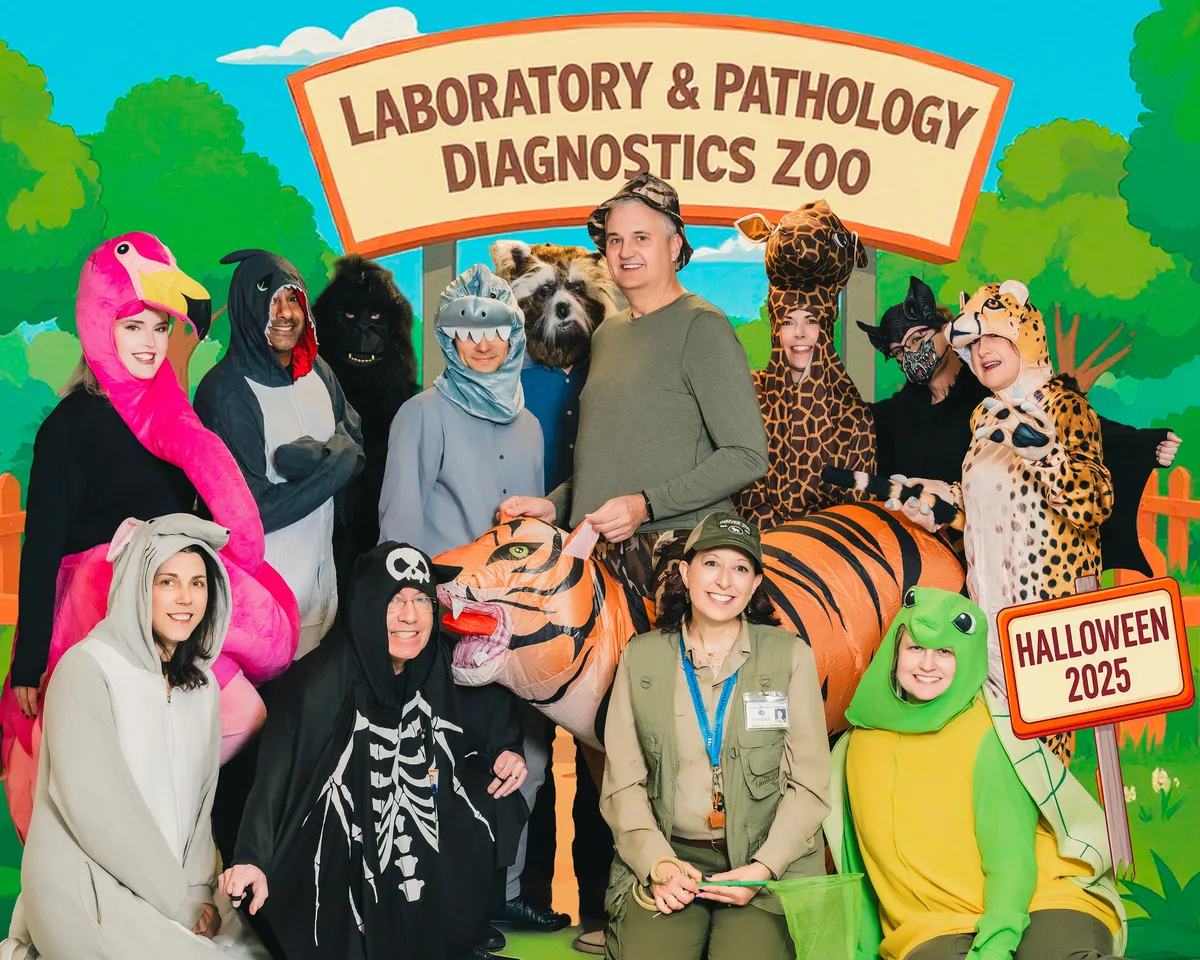 The physicians in animal costumes, composited under a zoo entrance sign bearing the group's name.