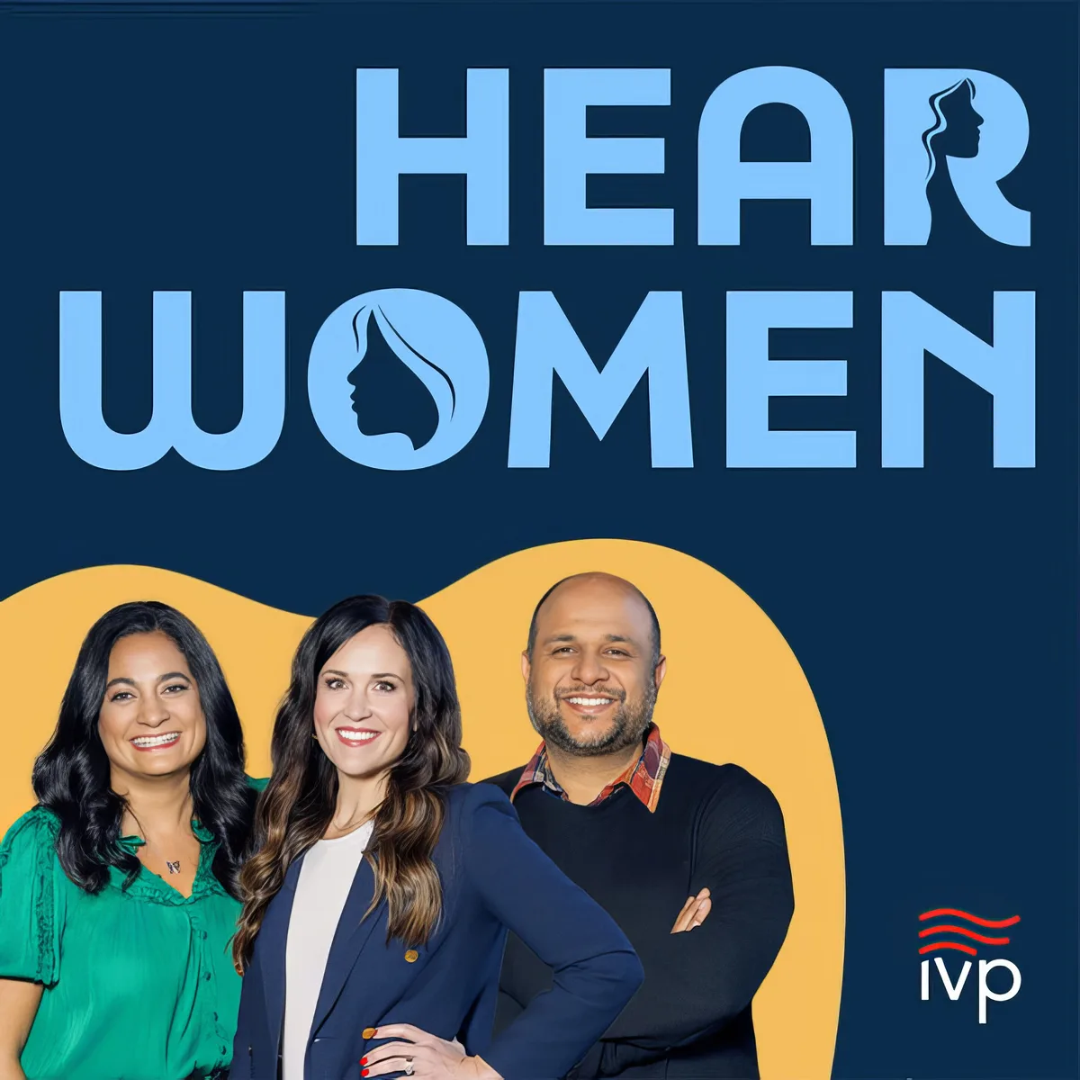 The published Hear Women cover art, the show title above the three hosts on a yellow ground.