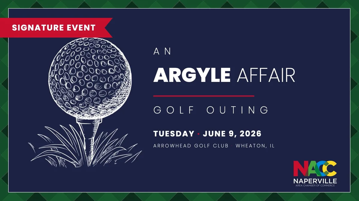 Title card of a chamber golf outing highlight reel: a sketched golf ball on a tee beside the event name and date.