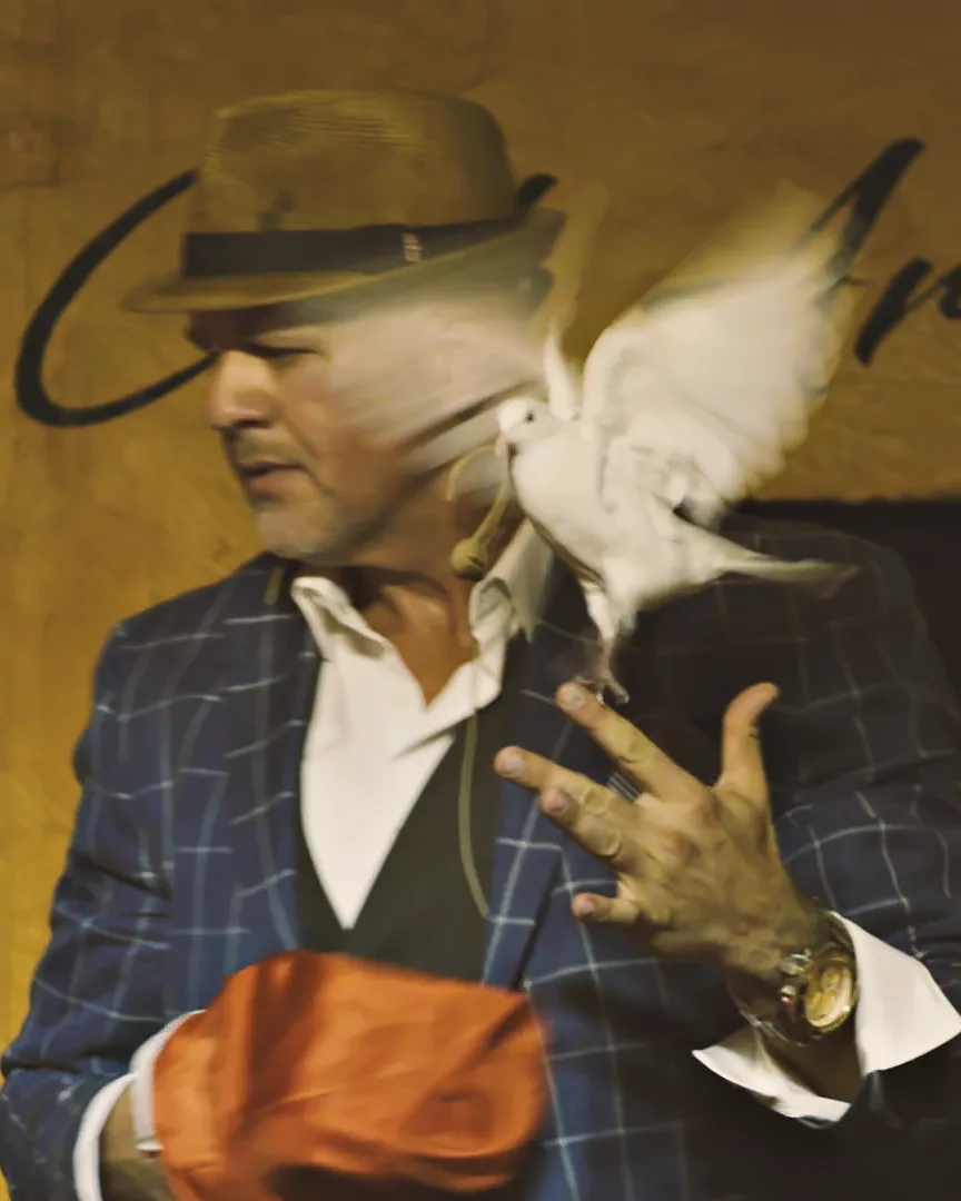A white dove takes flight past Mike DiDomenico's face as he opens his hand on a club stage.