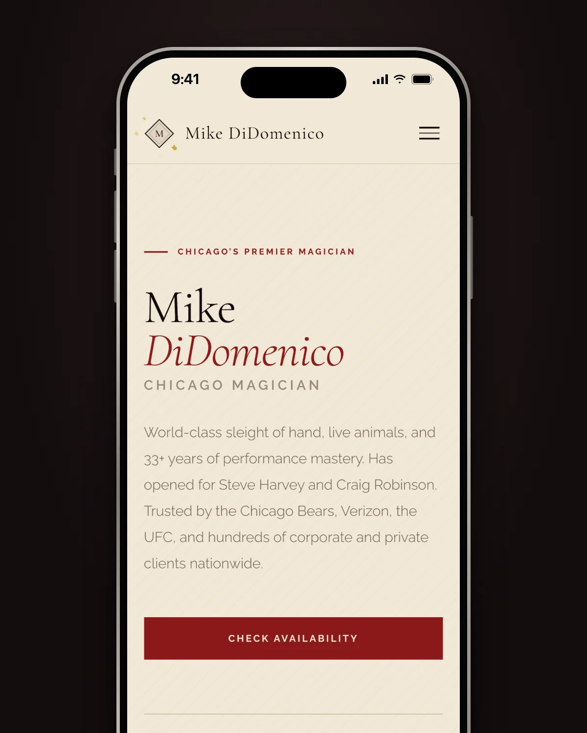 Mike's rebuilt website on a phone: his name, a short pitch and a red Check Availability button on the first screen.