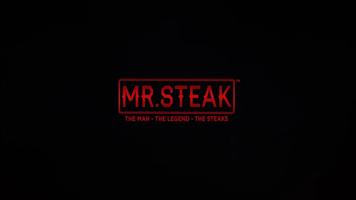 Title frame of the 2018 brand spot: the red Mr. Steak wordmark and tagline on black.