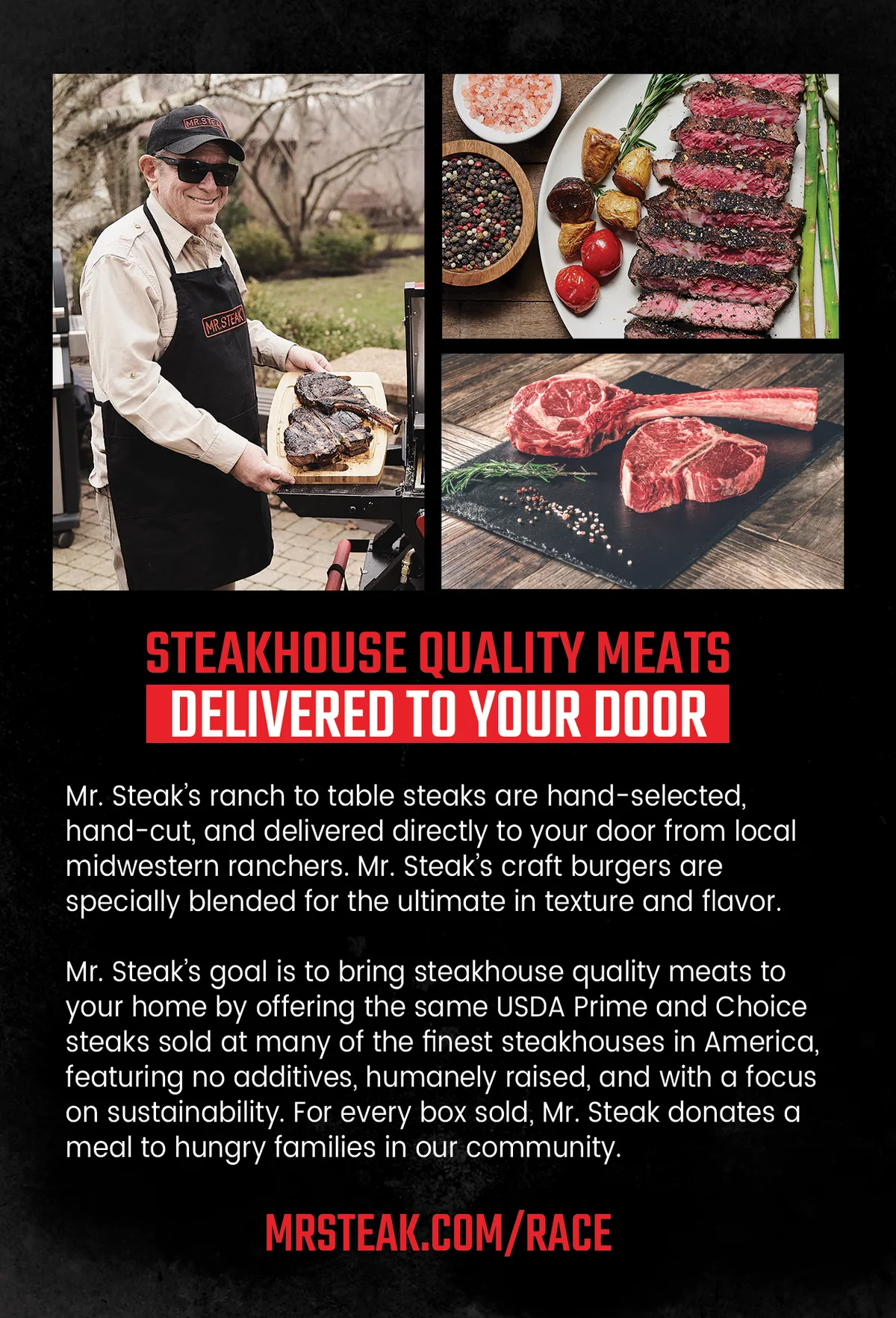 Postcard back: the founder at a grill beside steak photos, under Steakhouse Quality Meats Delivered to Your Door.