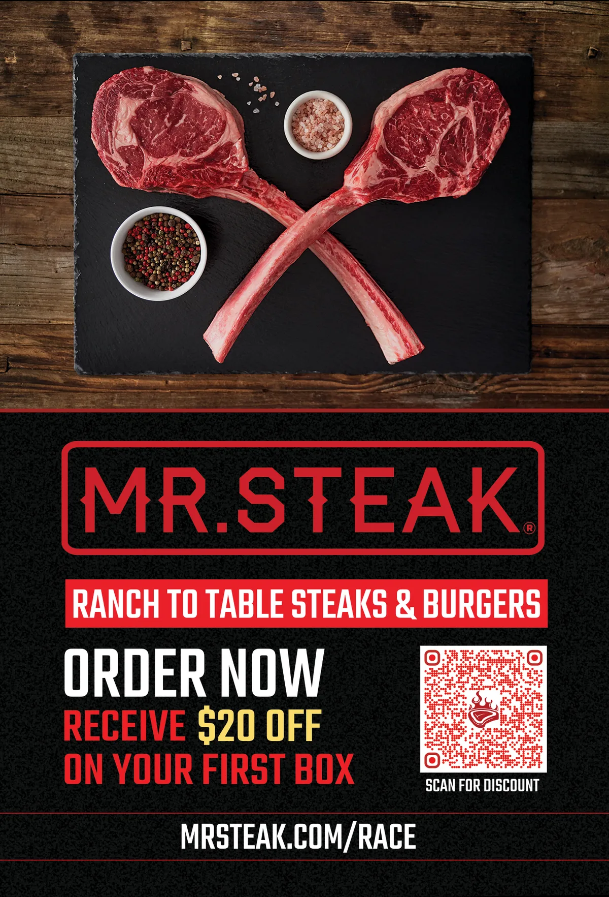 Postcard front: crossed tomahawk steaks above the Mr. Steak logo and an order-now offer.