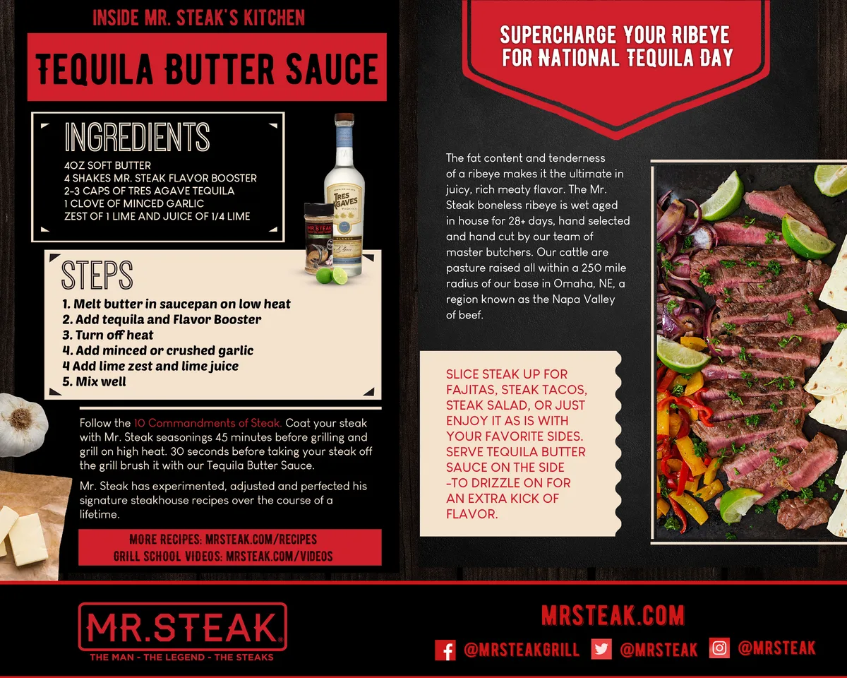 Recipe card for tequila butter sauce, with ingredients, steps and sliced ribeye, in Mr. Steak red and black.